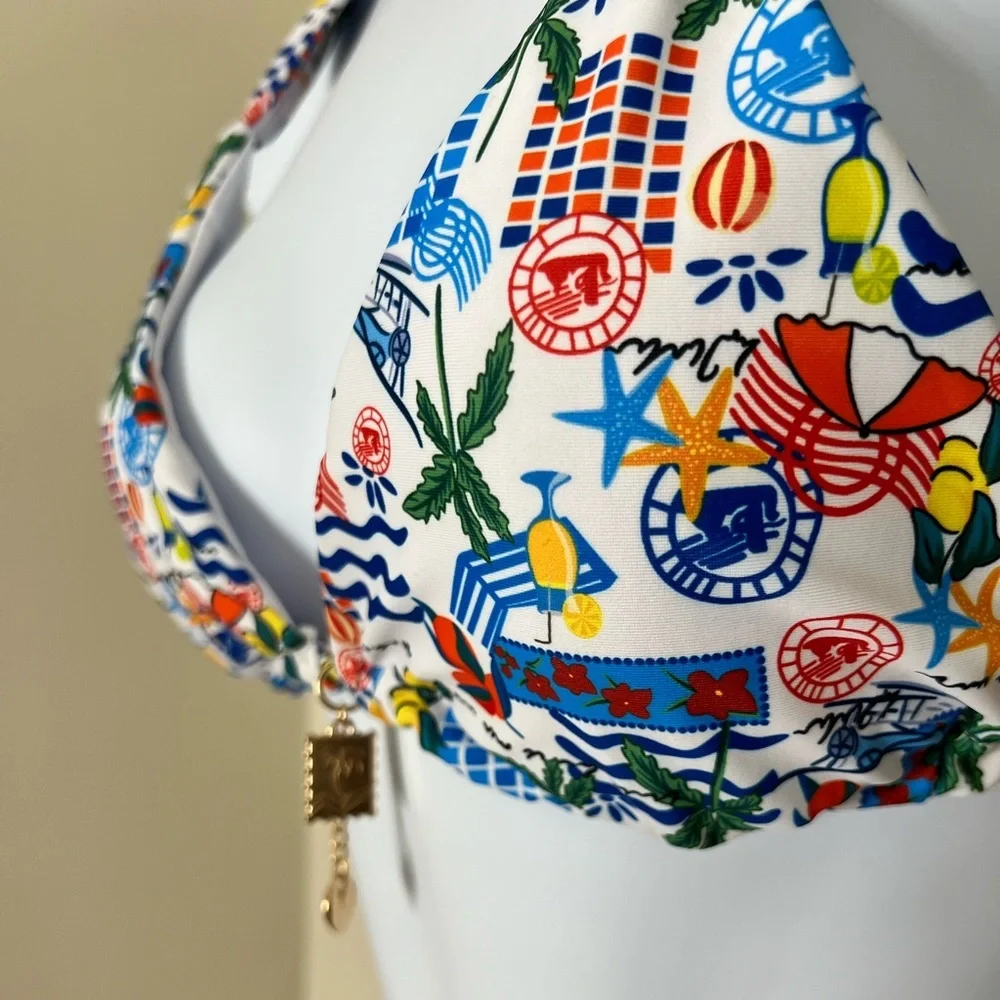 Multicolor Beach Print Thong Bikini Set